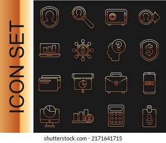 Set line Identification badge, Mobile phone SEO optimization, Shield with dollar, Safe, Dollar, share, network, Laptop graph chart, User protection and Human head question mark icon. Vector