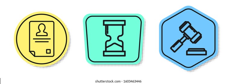 Set line Identification badge, Old hourglass and Judge gavel. Colored shapes. Vector