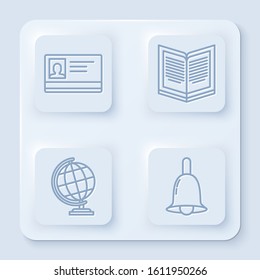 Set line Identification badge, Open book, Earth globe and Ringing bell. White square button. Vector