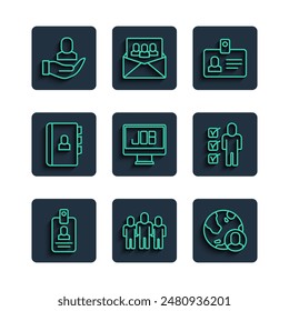 Set line Identification badge, Project team base, Globe and people, Search job, Resume, Worker and  icon. Vector