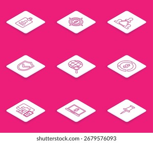 Establezca la insignia de Identificación de línea, base del equipo del proyecto, marca de verificación del escudo, globo de lupa, moneda, gráfico financiero o gráfico del monitor de la computadora y el teléfono móvil y el ícono del ordenador portátil. Vector