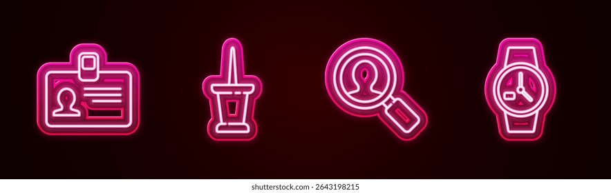 Definir distintivo de identificação de linha, Push pin, Lente de aumento para pessoas de pesquisa e relógio de pulso. Ícone de néon brilhante. Vetor