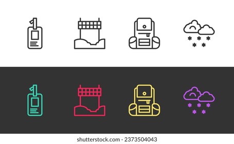 Set line Identification badge, Ribbon in finishing line, Hiking backpack and Cloud with snow on black and white. Vector