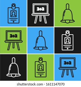 Set line Identification badge, Ringing bell and Chalkboard icon. Vector
