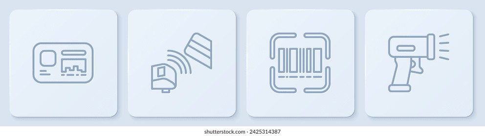 Set line Identification badge, Scanner scanning bar code, POS terminal with credit card and . White square button. Vector