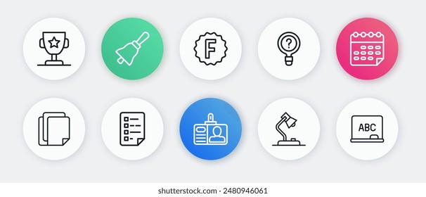 Identifikation Zeilensymbol festlegen, Schulfahrplan, Dateidokument, Tischlampe, Unbekannte Suche, Prüfungspapier mit falschen Antworten, Tafel- und Zwischenablage-Checklisten-Symbol. Vektorgrafik
