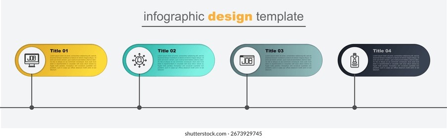 Defina o crachá de identificação da linha, o trabalho de pesquisa, o gerente de multitarefas trabalhando e . Modelo de infográfico comercial. Vetor