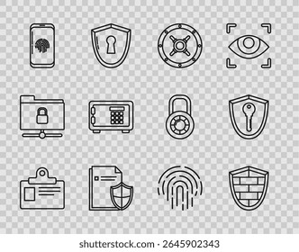 Set line Identification badge, Shield with cyber security brick wall, Safe, Document protection concept, Smartphone fingerprint scanner, Fingerprint and key icon. Vector