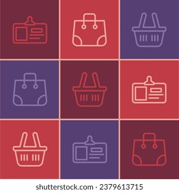Set line Identification badge, Shopping basket and Paper shopping bag icon. Vector