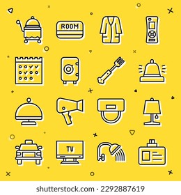 Set line Identification badge, Table lamp, Hotel service bell, Bathrobe, Safe, booking calendar, Covered with tray and Fork icon. Vector