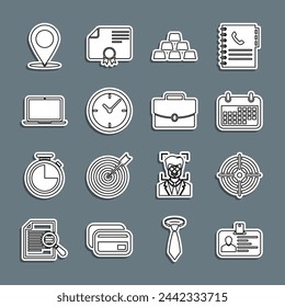 Set line Identification badge, Target sport, Calendar, Gold bars, Clock, Laptop, Map pin and Briefcase icon. Vector