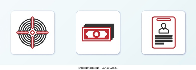 Establezca la insignia de Identificación de línea, deporte de destino y el icono de dinero en efectivo de papel de Stacks. Vector