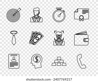 Marca de identificación de línea, teléfono, Stopwatch, mente de planificación del hombre de negocios, Target con flecha, pila dinero de papel, barras de oro e icono de cartera. Vector