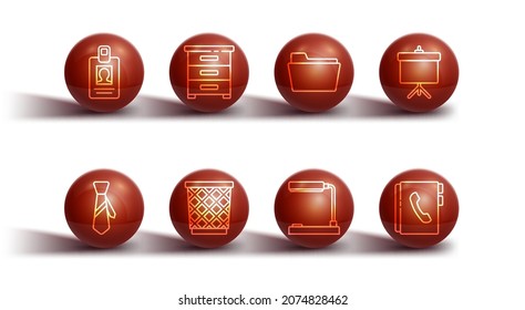Set line Identification badge, Tie, Chalkboard with diagram, Table lamp, Trash can, Drawer documents, Address book and Document folder icon. Vector