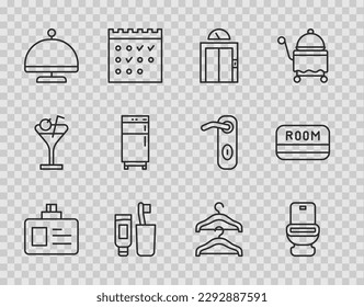 Set line Identification badge, Toilet bowl, Lift, Toothbrush and toothpaste, Covered with tray, Refrigerator, Hanger wardrobe and Hotel key card icon. Vector