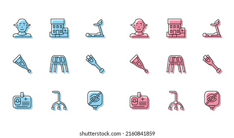 Set line Identification badge, Walking stick cane, Deaf, Blindness, Walker, Prosthesis leg, Crutch or crutches and Medical hospital building icon. Vector