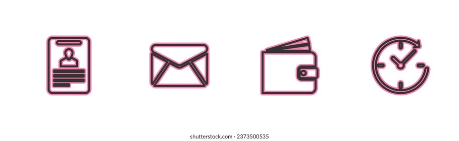 Set line Identification badge, Wallet, Envelope and Clock with arrow icon. Vector