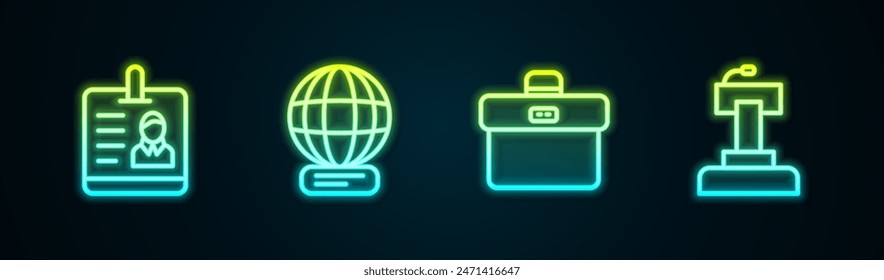 Set line Identification badge, Worldwide, Briefcase and Stage stand tribune. Glowing neon icon. Vector
