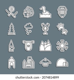 Set line Igloo ice house, Snowflake, Paw print, Flying duck, Cloud with snow, Canadian spruce, Curling sport game and Lobster icon. Vector