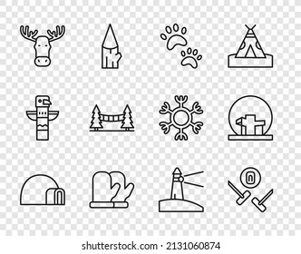 Set line Igloo ice house, Curling sport game, Paw print, Christmas mitten, Moose head with horns, Capilano Suspension Bridge, Lighthouse and Montreal Biosphere icon. Vector