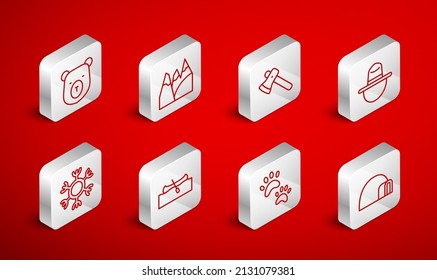 Set line Igloo ice house, Mountains, Wooden axe, Canadian ranger hat, Paw print, Bear head, Kayak or canoe and Snowflake icon. Vector