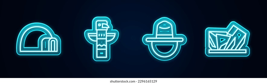 Set line Igloo ice house, Canadian totem pole, ranger hat and Royal Ontario museum. Glowing neon icon. Vector
