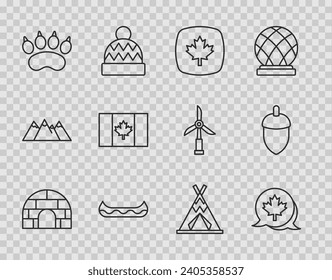 Set line Igloo ice house, Canadian maple leaf, Kayak, Bear paw footprint, Flag of Canada, Indian teepee or wigwam and Acorn icon. Vector