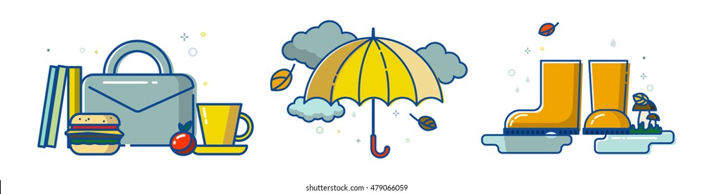 set of line illustration with autumn attribute: rubber boots, yellow umbrella, suitcase with lunch