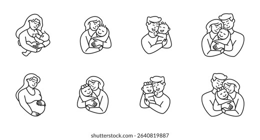 Set of line illustration happy parent with newborn baby, father, mother, family, breastfeeding, pregnant. Modern flat design style