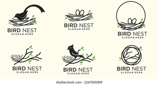 set line illustration of natural bird's nest icon logo with beautiful roots and leaves symbols.