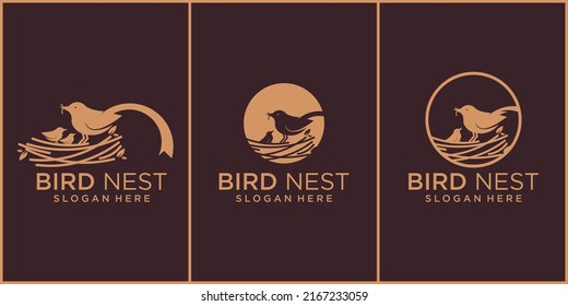 set line illustration of natural bird's nest icon logo with beautiful roots and leaves symbols.