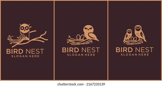 set line illustration of natural bird's nest icon logo with beautiful roots and leaves symbols.