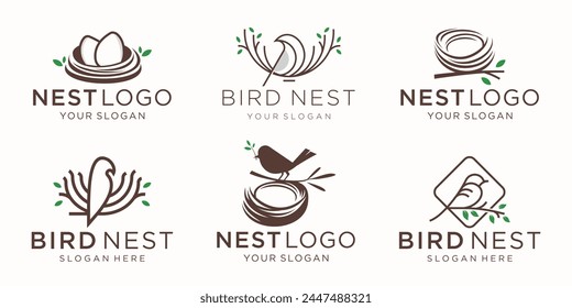 set of line illustration natural bird's nest logo with simple roots and leaves symbols.