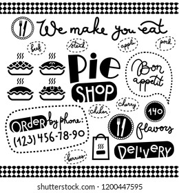 Set of line illustrations, hand drawn numbers and handlettering Bon appetit, We make you eat for pie shop-cafe 