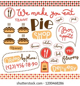 Set of line illustrations, hand drawn numbers and handlettering Bon appetit, We make you eat for pie shop-cafe 