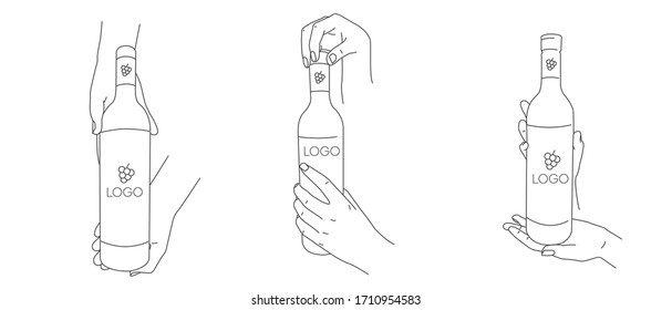 Set of line illustrations with hands holding a bottle of wine, waiter serving it or sommelier presenting, different gesture foreshortening, isolated