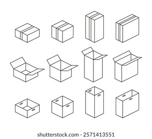 A set of line illustrations in square and rectangular shapes including boxes, packages, parcels, gifts, storage boxes, etc.