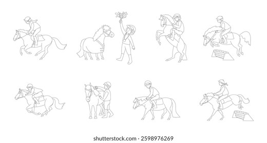 A set of line illustrations with young jockeys and their ponies