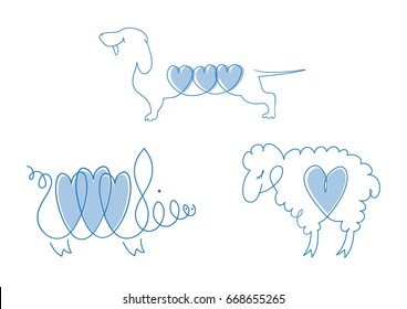 Set of line images of Pets - Dog, Sheep, Pig. Pets or symbols of the Chinese horoscope. Collection of vector icons of animals. Vector illustration of manual work.