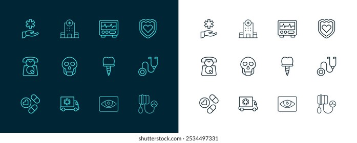 Set-line Immunsystem, Krankenwagen, Zahnimplantat, Rote-Augen-Effekt, Schädel, Monitor mit Kardiogramm, Krankenhaus-Kreuzmedizin und Krankenhaus Gebäude Symbol. Vektorgrafik