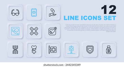 Set line Immune system, Bottle of medicine syrup, Crossed bandage plaster, Location hospital, Heart rate, Ethnoscience, Emergency call 911 and - Star Life icon. Vector