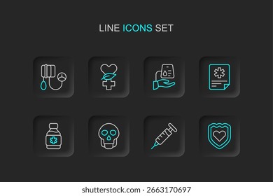 Set line Immune system, Syringe, Skull, Bottle of medicine syrup, Patient record, Blood donation, Ethnoscience and pressure icon. Vector