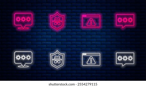 Set line Incognito mode, Browser with exclamation mark, Password protection and . Glowing neon icon on brick wall. Vector