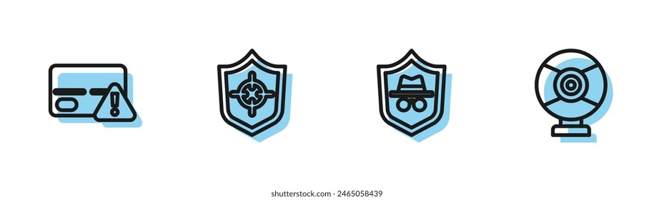 Set line Incognito mode, Credit card, Shield and Security camera icon. Vector