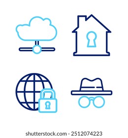 Establezca el modo de incógnito de línea, el bloqueo global, la casa bajo protección y el icono de conexión a la nube de red. Vector