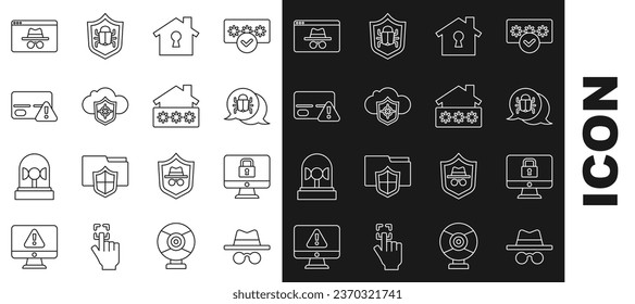 Set line Incognito mode, Lock on monitor, System bug, House under protection, Cloud and shield, Credit card, Browser incognito window and with password icon. Vector