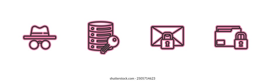 Set line Incognito mode, Mail message lock password, Server security with key and Folder and icon. Vector