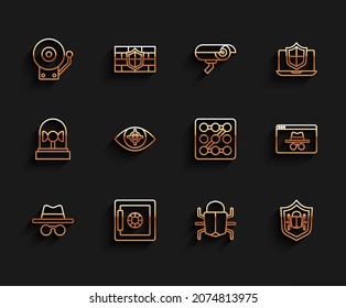 Set line Incognito mode, Safe, Ringing alarm bell, System bug, Eye scan, Browser incognito window and Graphic password protection icon. Vector
