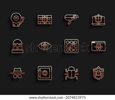 Set line Incognito mode, Safe, Ringing alarm bell, System bug, Eye scan, Browser incognito window and Graphic password protection icon. Vector