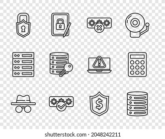 Set line Incognito mode, Server, Data, Web Hosting, Password protection, Lock, security with key, Shield dollar and  icon. Vector
